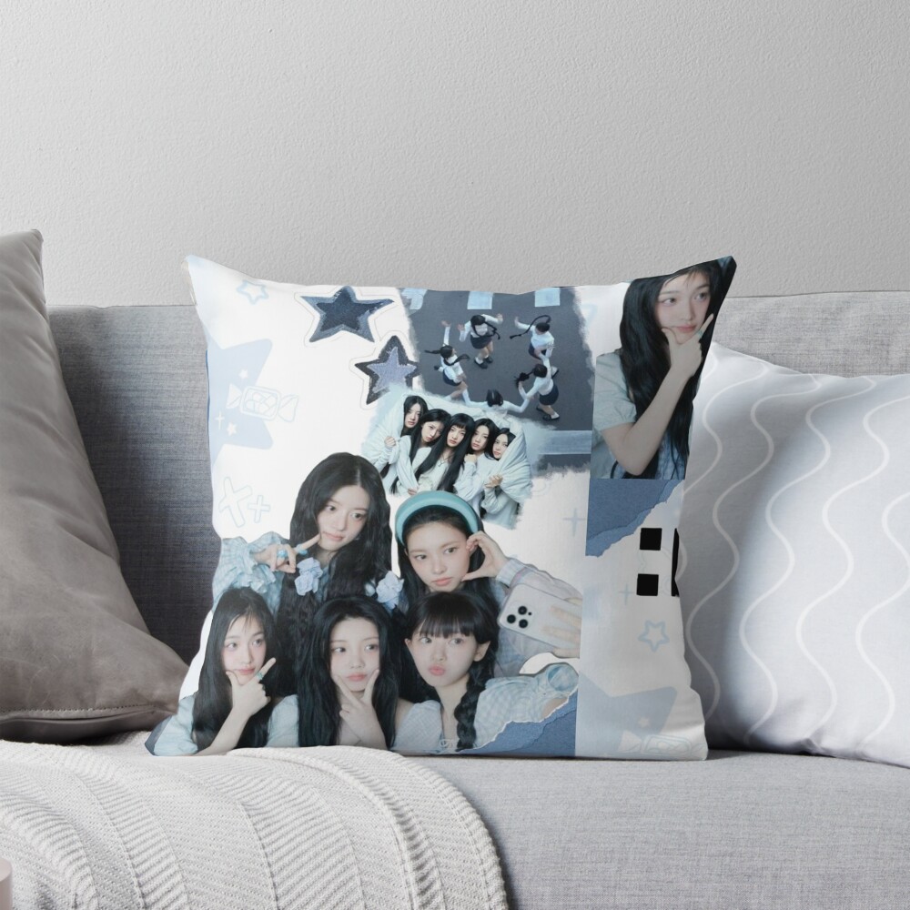 ILLIT Blue Aesthetic Collage Cute Y2k Kpop Throw Pillow