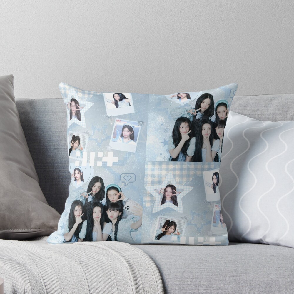ILLIT Blue Aesthetic Collage Dreamy K Pop Throw Pillow